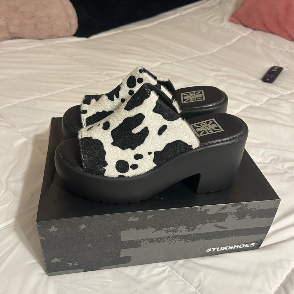 TUK Black and White Cow Print Platform Mules